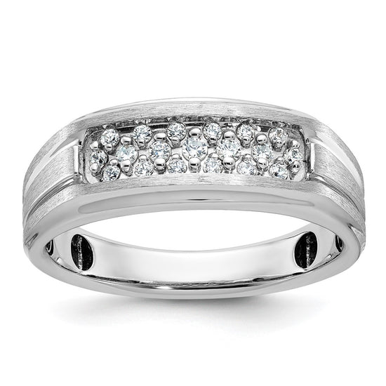 14k White Gold Men's Polished Satin and Grooved 1/4 Carat AA Quality Diamond Ring