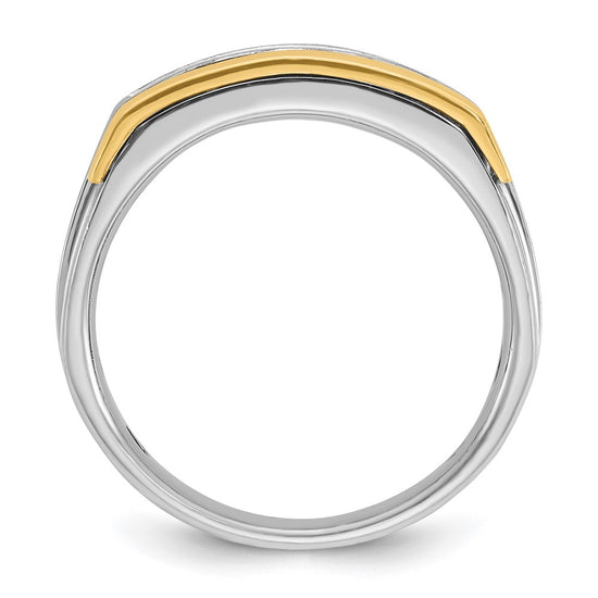 14k Two-tone Men's Polished Satin and Grooved Square 5-Stone 1 Carat AA Quality Diamond Ring