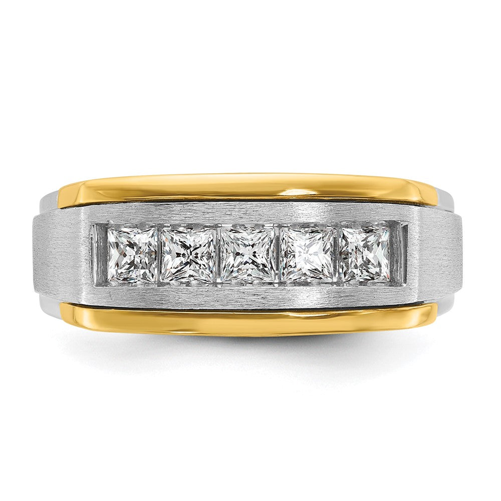 14k Two-tone Men's Polished Satin and Grooved Square 5-Stone 1 Carat AA Quality Diamond Ring