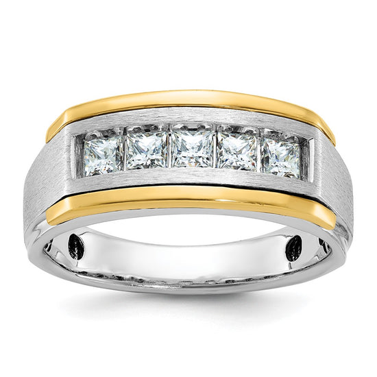 14k Two-tone Men's Polished Satin and Grooved Square 5-Stone 1 Carat AA Quality Diamond Ring