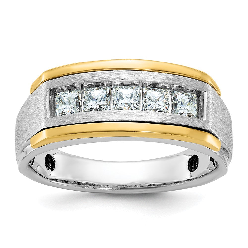 14k Two-tone Men's Polished Satin and Grooved Square 5-Stone 1 Carat AA Quality Diamond Ring