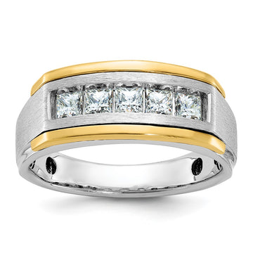 14k Two-tone Men's Polished Satin and Grooved Square 5-Stone 1 Carat AA Quality Diamond Ring