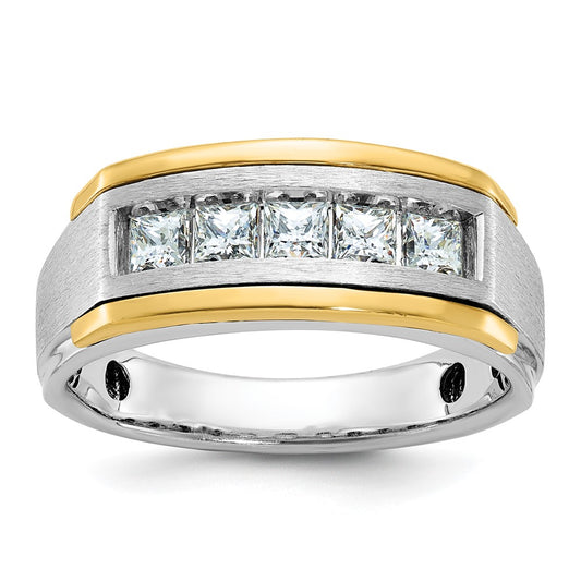 14k Two-tone Men's Polished Satin and Grooved Square 5-Stone 1 Carat AA Quality Diamond Ring