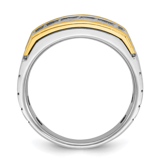 14k Two-tone Men's Polished Satin and Grooved 5-Stone 1 Carat Square AA Quality Diamond Ring