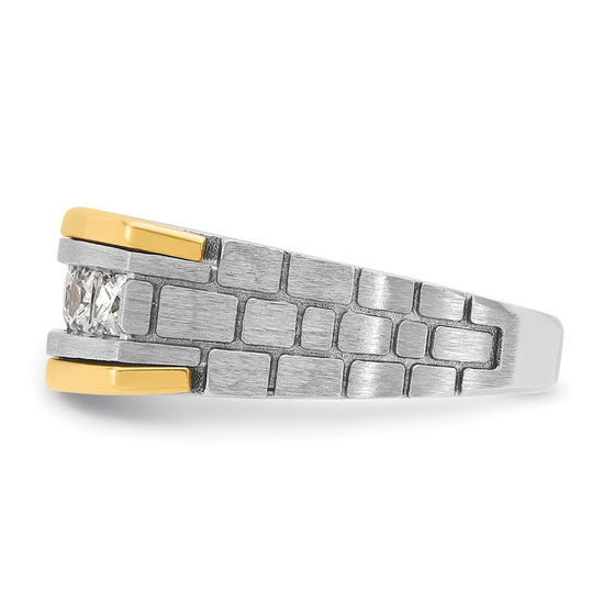 14k Two-tone Men's Polished Satin and Grooved 5-Stone 1 Carat Square AA Quality Diamond Ring