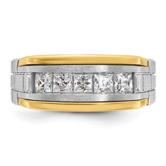 14k Two-tone Men's Polished Satin and Grooved 5-Stone 1 Carat Square AA Quality Diamond Ring