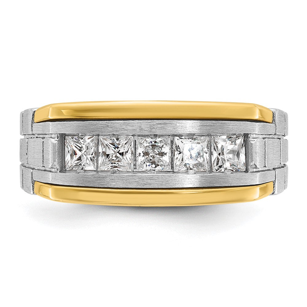 14k Two-tone Men's Polished Satin and Grooved 5-Stone 1 Carat Square AA Quality Diamond Ring