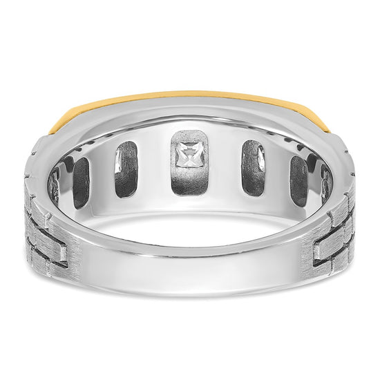 14k Two-tone Men's Polished Satin and Grooved 5-Stone 1 Carat Square AA Quality Diamond Ring