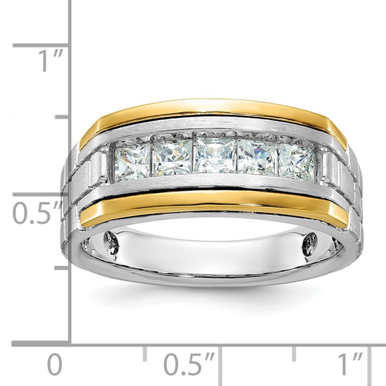 14k Two-tone Men's Polished Satin and Grooved 5-Stone 1 Carat Square AA Quality Diamond Ring