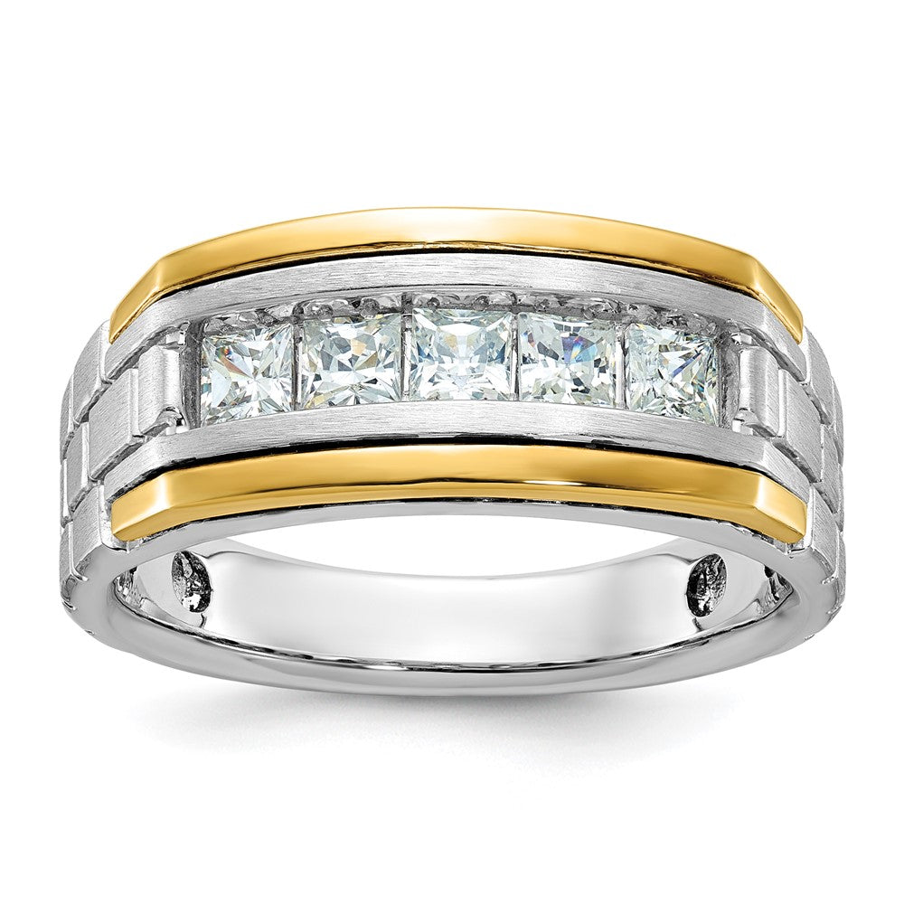 14k Two-tone Men's Polished Satin and Grooved 5-Stone 1 Carat Square AA Quality Diamond Ring
