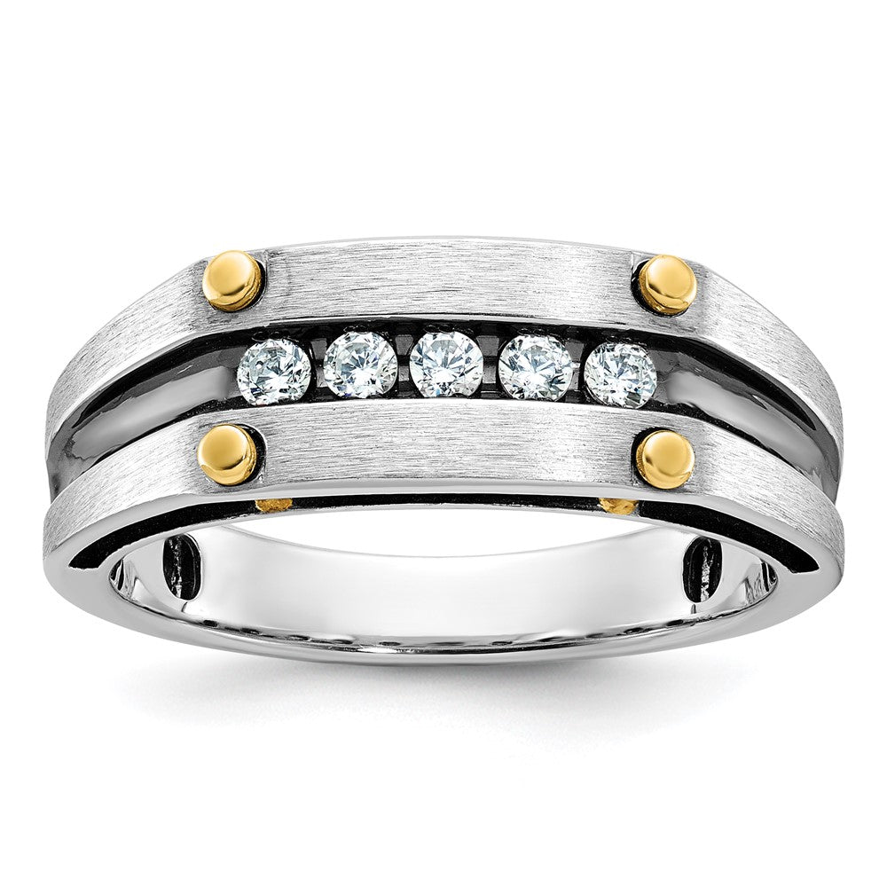 IBGoodman 14k Two-tone with Black Rhodium Men's Polished Satin and Grooved 5-Stone 1/4 Carat AA Quality Diamond Ring