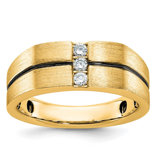 10k White Gold with Black Rhodium Men's Satin and Grooved 3-Stone 1/5 Carat A Quality Diamond Ring