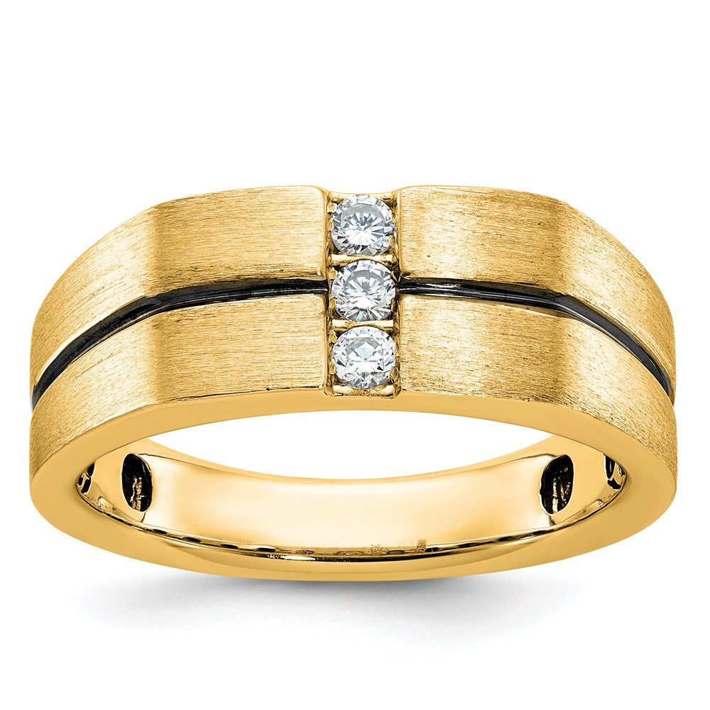 10k White Gold with Black Rhodium Men's Satin and Grooved 3-Stone 1/5 Carat A Quality Diamond Ring