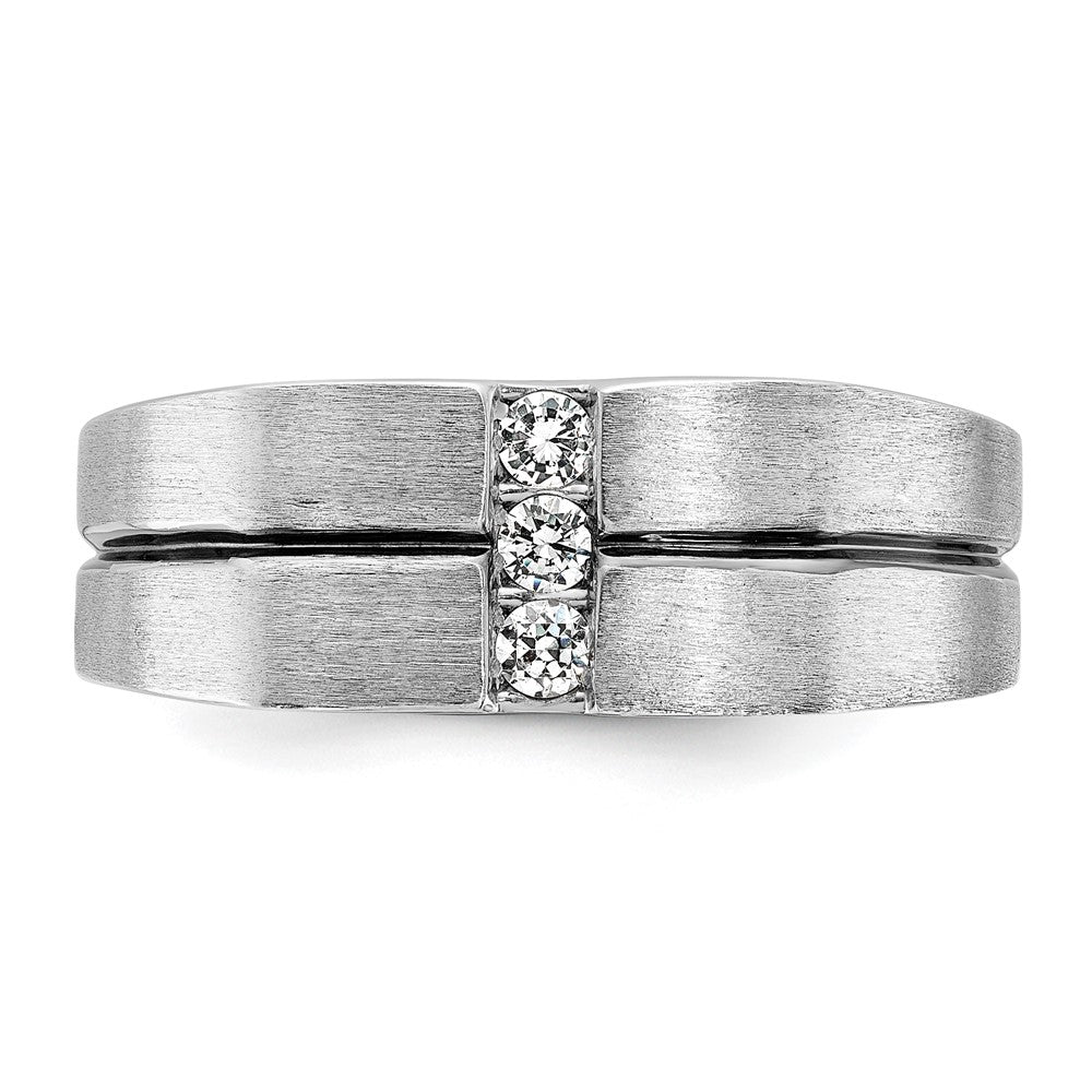 14k White Gold with Black Rhodium 1/5 carat Lab Grown Diamond VS/SI+ G+ Complete Satin and Grooved Three Stone Men's Ring