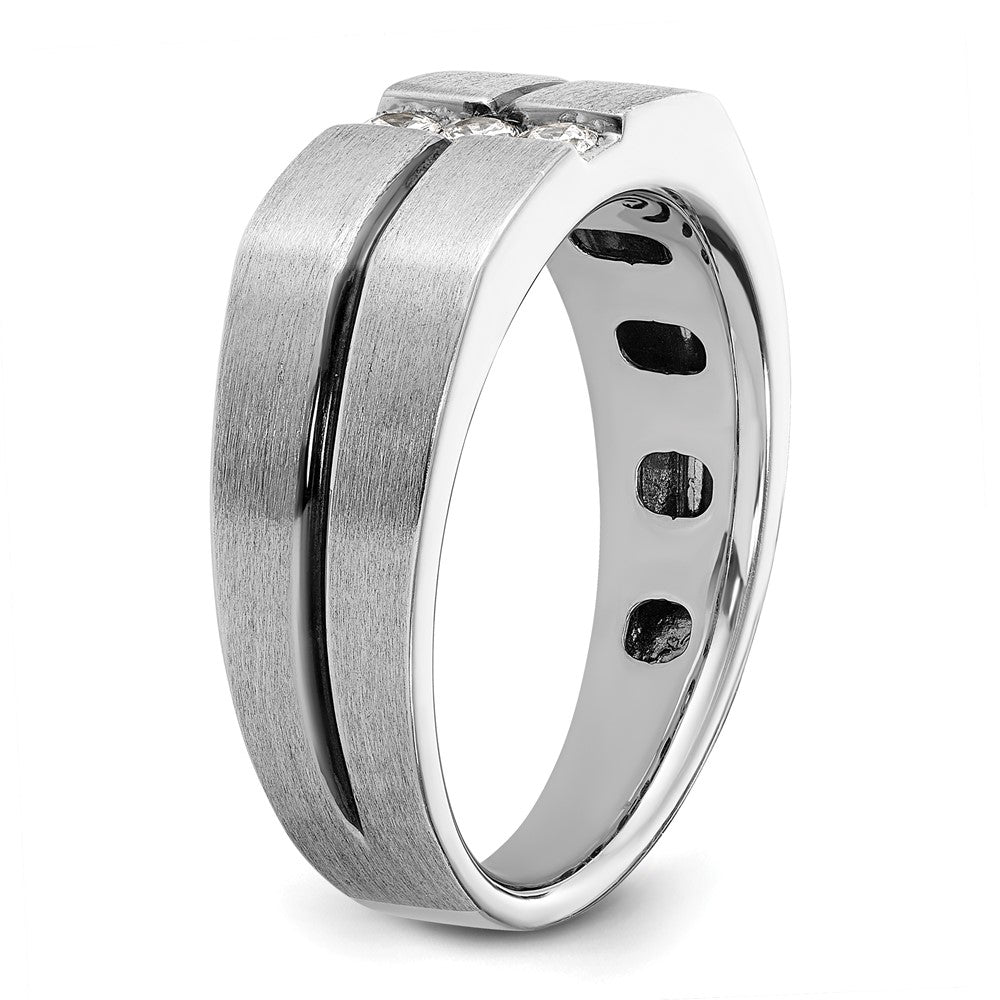 14k White Gold with Black Rhodium 1/5 carat Lab Grown Diamond VS/SI+ G+ Complete Satin and Grooved Three Stone Men's Ring