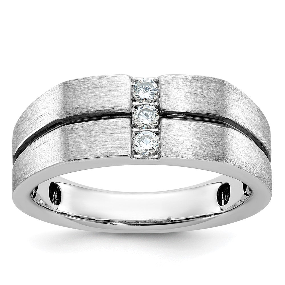 14k White Gold with Black Rhodium 1/5 carat Lab Grown Diamond VS/SI+ G+ Complete Satin and Grooved Three Stone Men's Ring