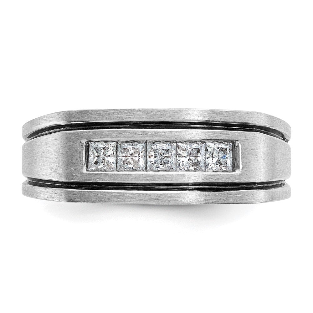 14k White Gold with Black Rhodium Men's Polished Satin and Grooved Square 5-Stone 1/2 Carat AA Quality Diamond Ring