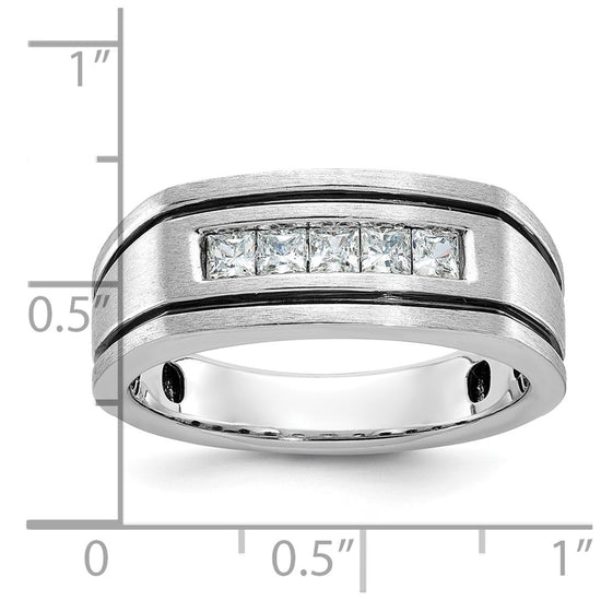 14k White Gold with Black Rhodium Men's Polished Satin and Grooved Square 5-Stone 1/2 Carat AA Quality Diamond Ring