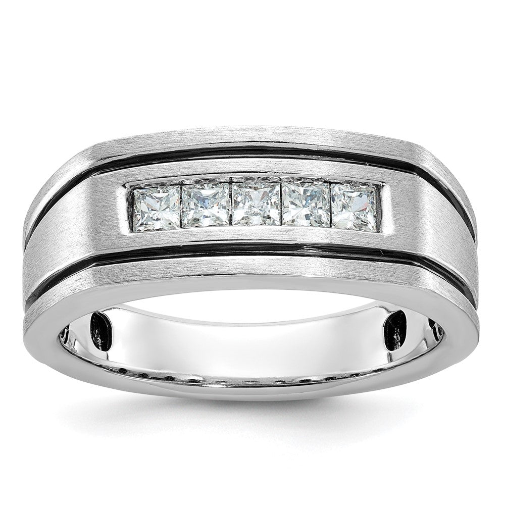 14k White Gold with Black Rhodium Men's Polished Satin and Grooved Square 5-Stone 1/2 Carat AA Quality Diamond Ring