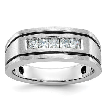 14k White Gold with Black Rhodium Men's Polished Satin and Grooved Square 5-Stone 1/2 Carat AA Quality Diamond Ring