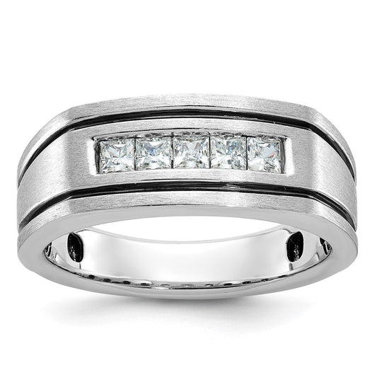 14k White Gold with Black Rhodium Men's Polished Satin and Grooved Square 5-Stone 1/2 Carat AA Quality Diamond Ring
