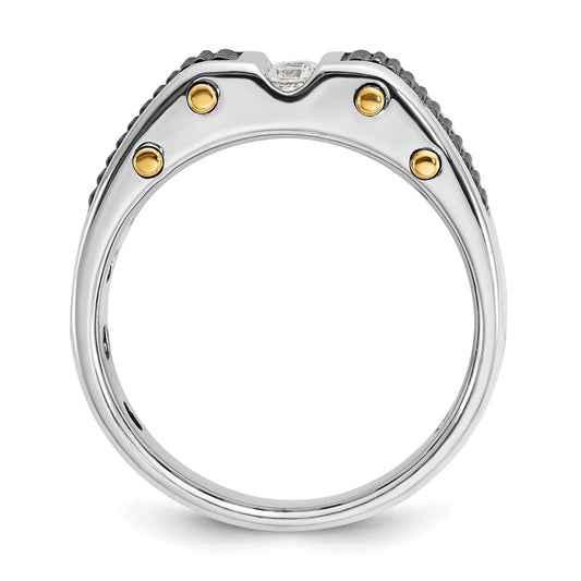14k Two-tone with Black Rhodium Men's Polished and Textured 3-Stone 1/4 Carat AA Quality Diamond Ring
