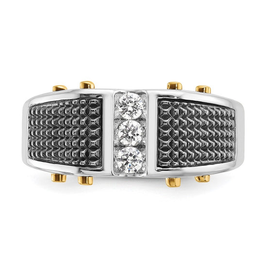 14k Two-tone with Black Rhodium Men's Polished and Textured 3-Stone 1/4 Carat AA Quality Diamond Ring