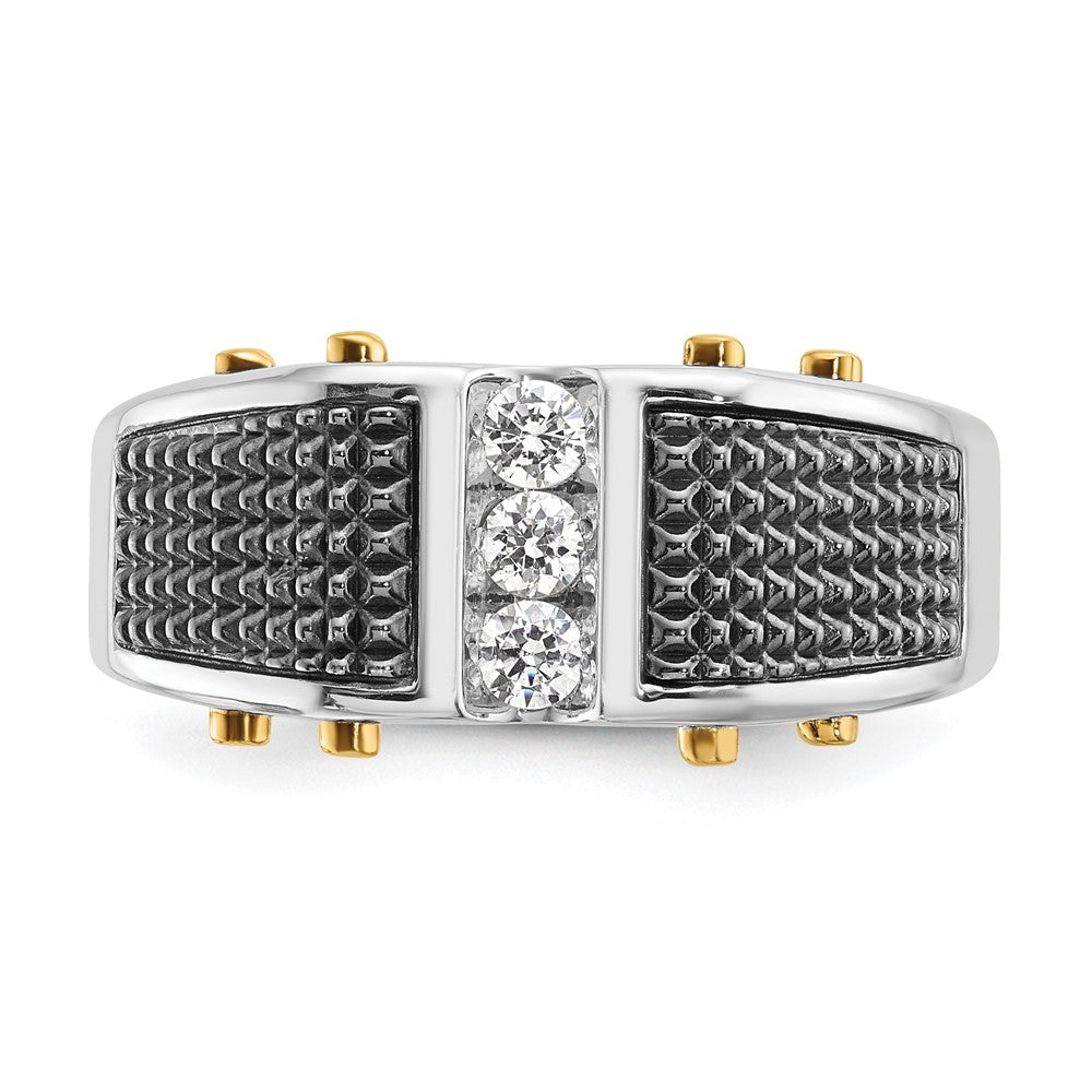 14k Two-tone with Black Rhodium Men's Polished and Textured 3-Stone 1/4 Carat AA Quality Diamond Ring