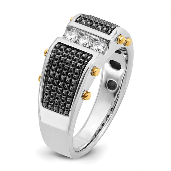 14k Two-tone with Black Rhodium Men's Polished and Textured 3-Stone 1/4 Carat AA Quality Diamond Ring