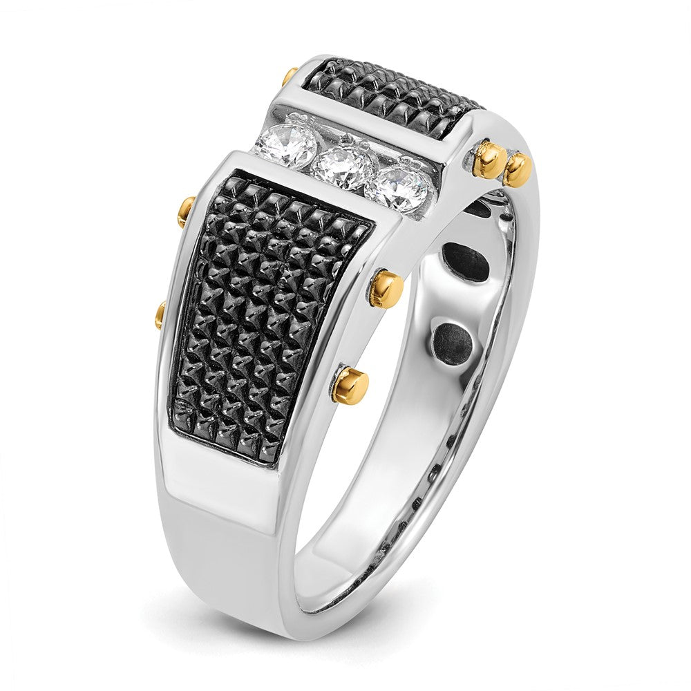14k Two-tone with Black Rhodium Men's Polished and Textured 3-Stone 1/4 Carat AA Quality Diamond Ring