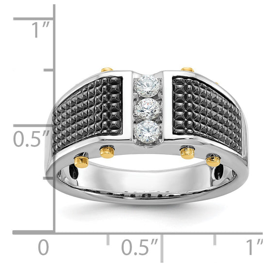 14k Two-tone with Black Rhodium Men's Polished and Textured 3-Stone 1/4 Carat AA Quality Diamond Ring