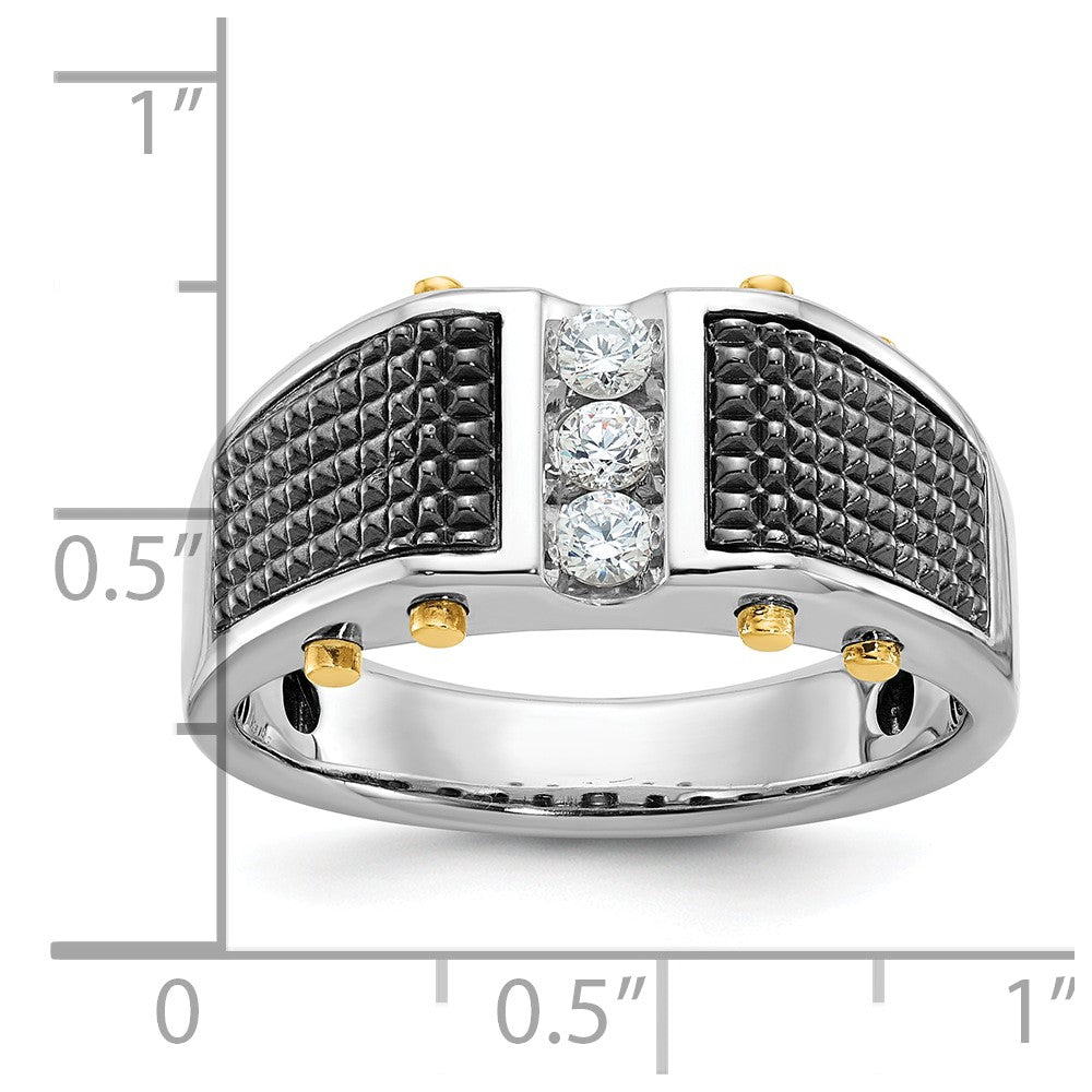 14k Two-tone with Black Rhodium Men's Polished and Textured 3-Stone 1/4 Carat AA Quality Diamond Ring