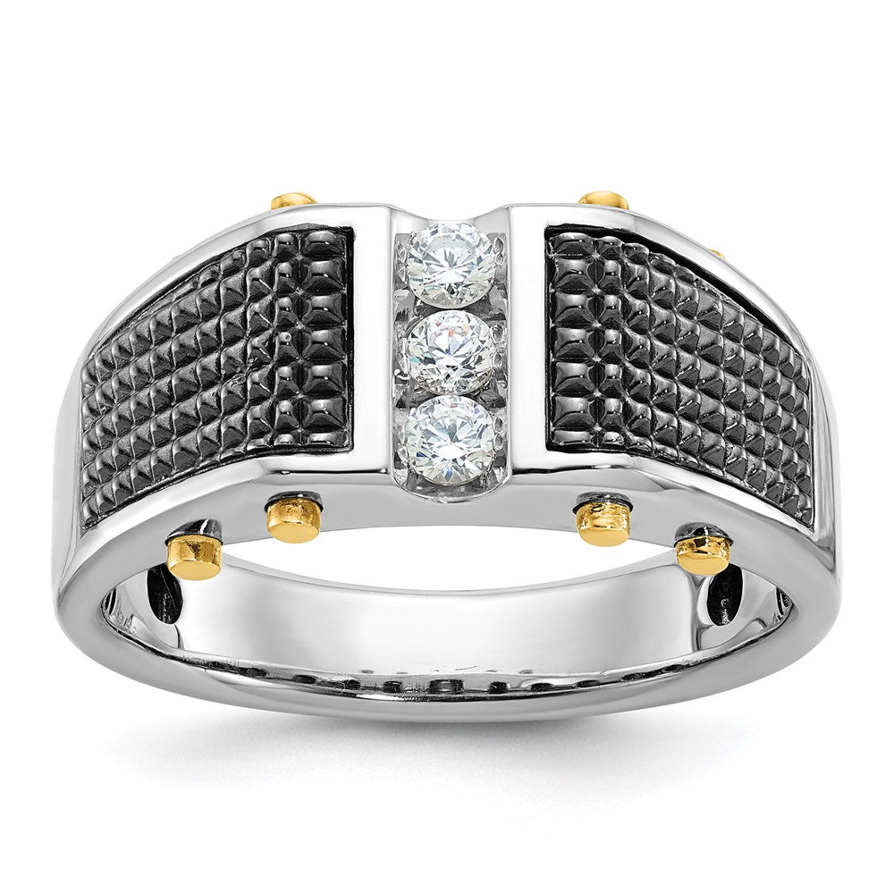 14k Two-tone with Black Rhodium Men's Polished and Textured 3-Stone 1/4 Carat AA Quality Diamond Ring