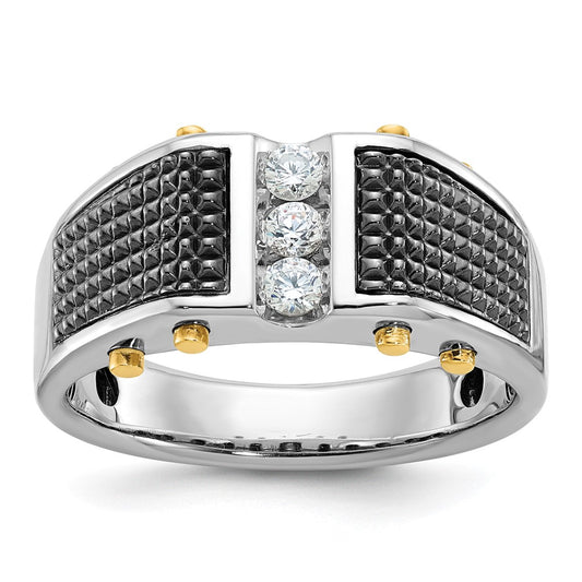 14k Two-tone with Black Rhodium Men's Polished and Textured 3-Stone 1/4 Carat AA Quality Diamond Ring