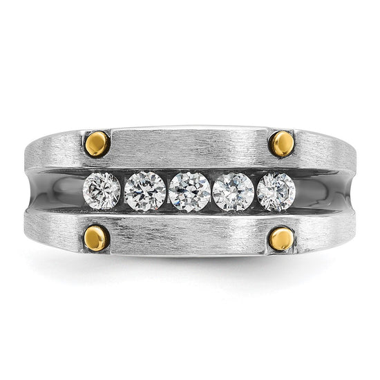 IBGoodman 14k Two-tone with Black Rhodium Men's Polished Satin and Grooved 5-Stone 1/2 Carat AA Quality Diamond Ring