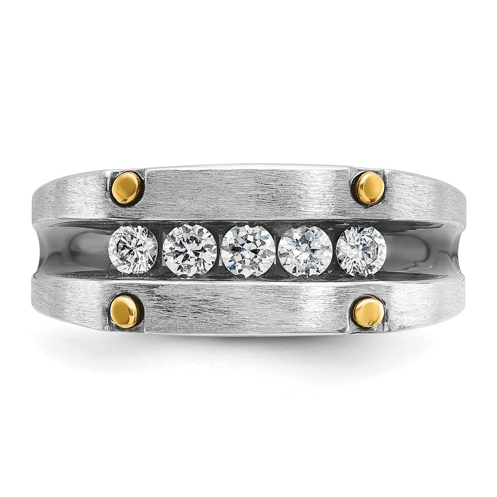 IBGoodman 14k Two-tone with Black Rhodium Men's Polished Satin and Grooved 5-Stone 1/2 Carat AA Quality Diamond Ring