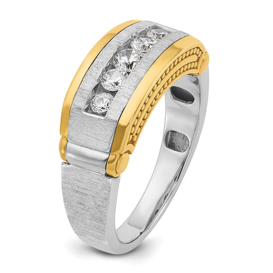 14k Two-tone Men's Polished Satin and Beaded 5-Stone 1/2 Carat AA Quality Diamond Ring