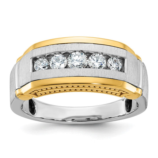 14k Two-tone Men's Polished Satin and Beaded 5-Stone 1/2 Carat AA Quality Diamond Ring