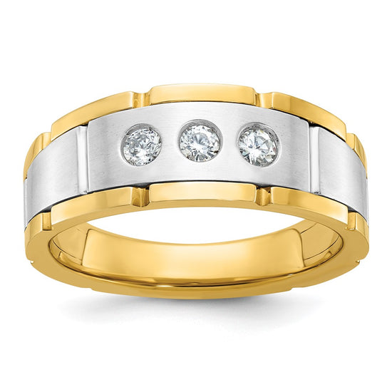 14k Two-tone Men's Polished Satin and Grooved 3-Stone 1/4 Carat AA Quality Diamond Ring