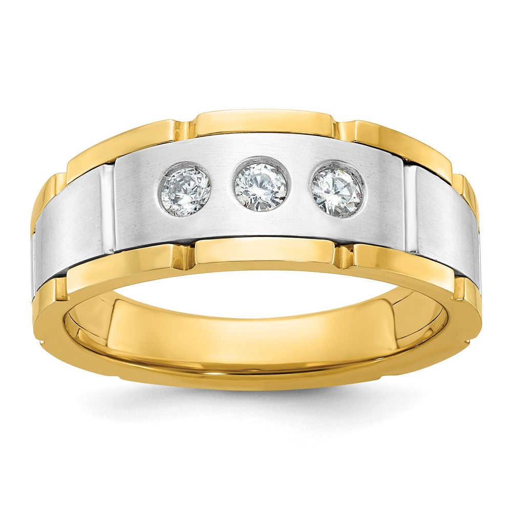 14k Two-tone Men's Polished Satin and Grooved 3-Stone 1/4 Carat AA Quality Diamond Ring