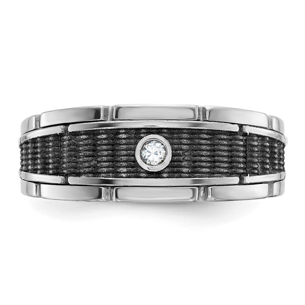 14k White Gold with Black Rhodium Men's Polished and Textured 1/20 Carat AA Quality Solitaire Diamond Ring