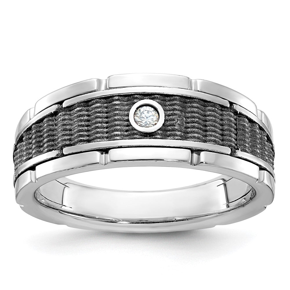 14k White Gold with Black Rhodium Men's Polished and Textured 1/20 Carat AA Quality Solitaire Diamond Ring
