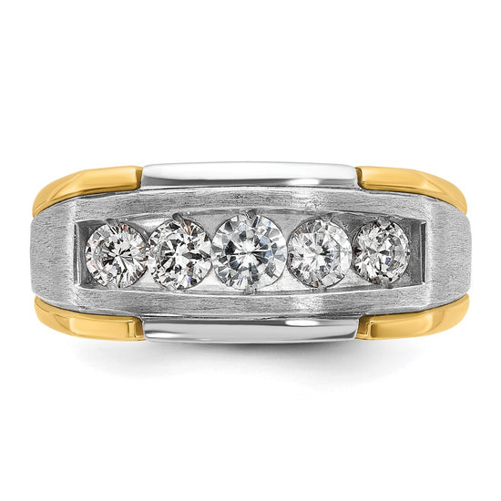 14k Two-tone Men's Polished Satin and Grooved 5-Stone 1 Carat AA Quality Diamond Ring