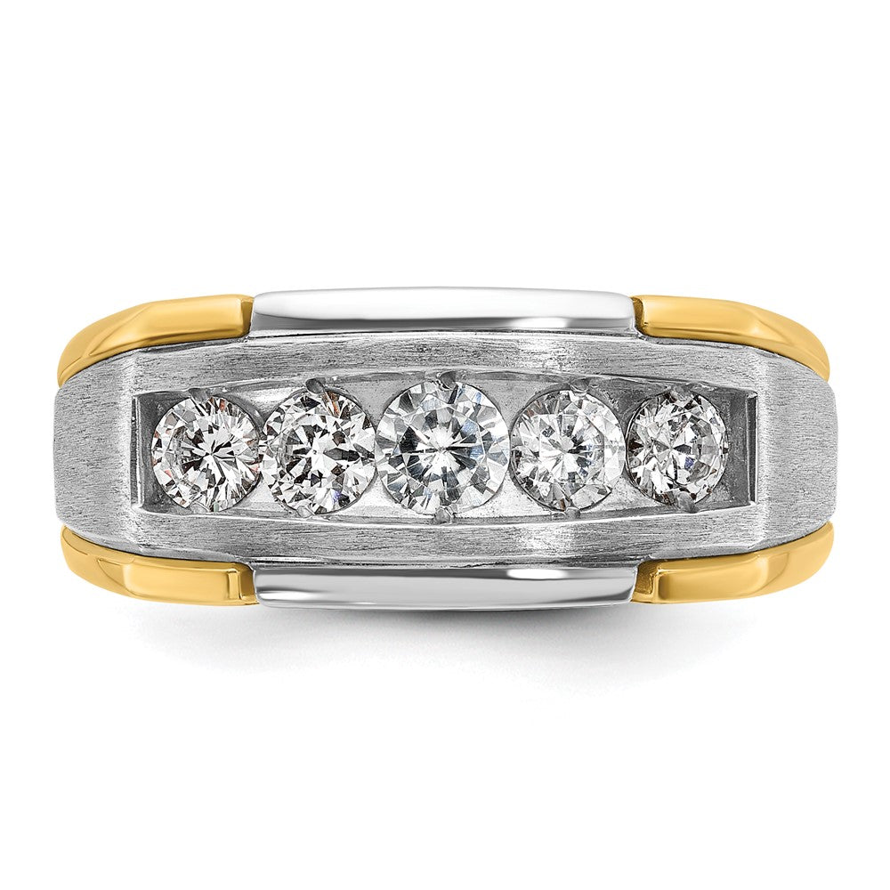14k Two-tone Men's Polished Satin and Grooved 5-Stone 1 Carat AA Quality Diamond Ring