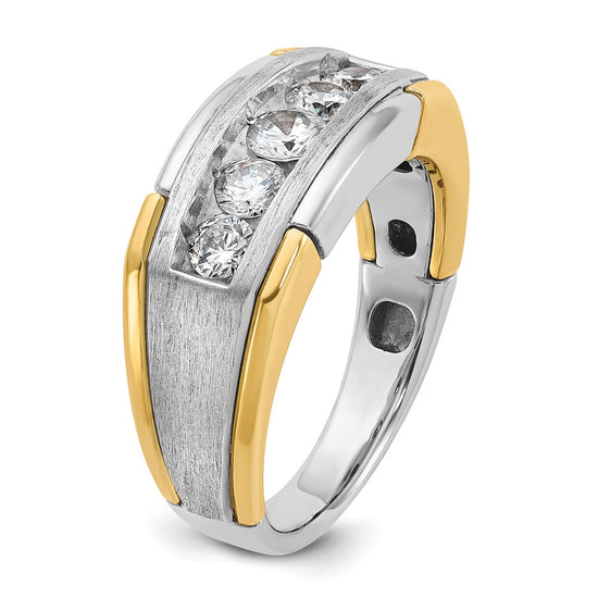 14k Two-tone Men's Polished Satin and Grooved 5-Stone 1 Carat AA Quality Diamond Ring