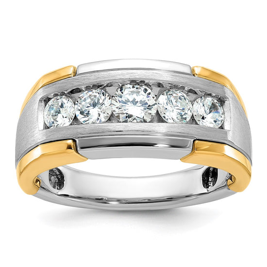 14k Two-tone Men's Polished Satin and Grooved 5-Stone 1 Carat AA Quality Diamond Ring