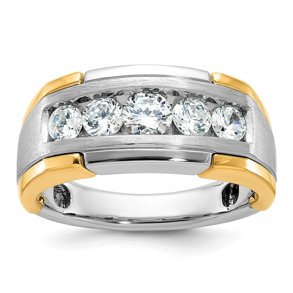 14k Two-tone Men's Polished Satin and Grooved 5-Stone 1 Carat AA Quality Diamond Ring