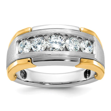 14k Two-tone Men's Polished Satin and Grooved 5-Stone 1 Carat AA Quality Diamond Ring