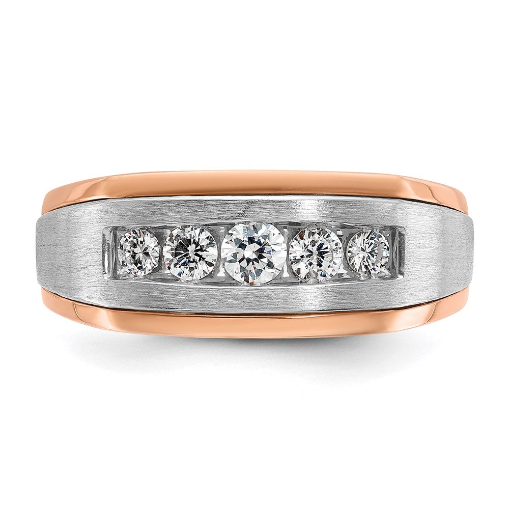 14k White and Rose Gold Men's Polished Satin and Grooved 5-Stone 1/2 Carat AA Quality Diamond Ring