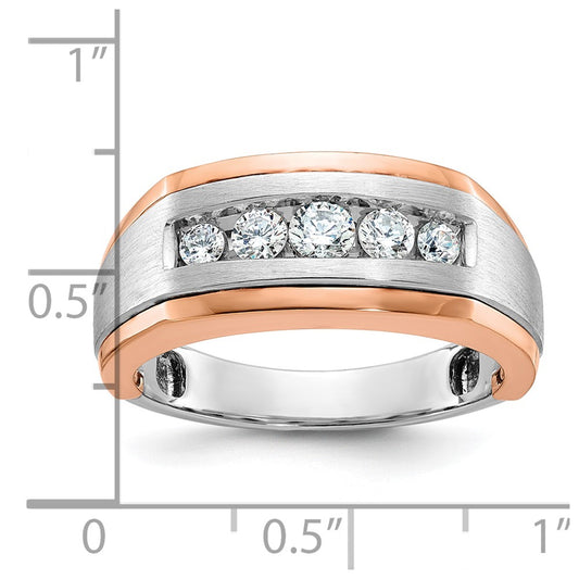 14k White and Rose Gold Men's Polished Satin and Grooved 5-Stone 1/2 Carat AA Quality Diamond Ring